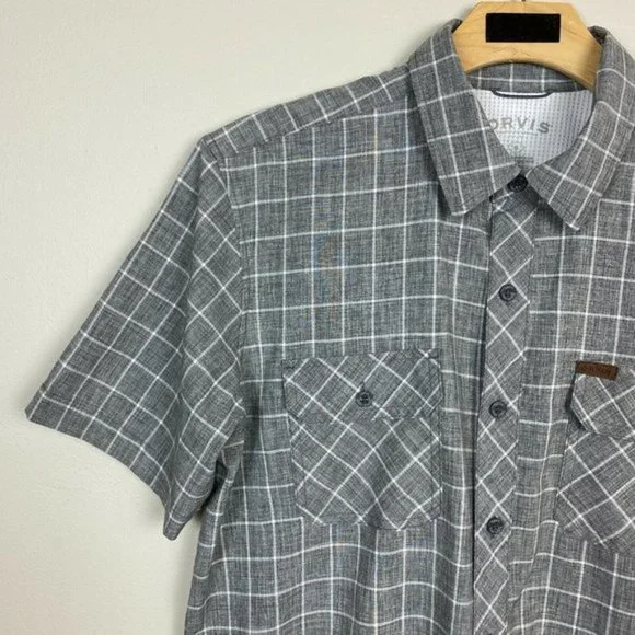 Orvis Shirt M Tech Performance Short Sleeve Button Up Plaid Gray White Mens - Picture 3 of 9